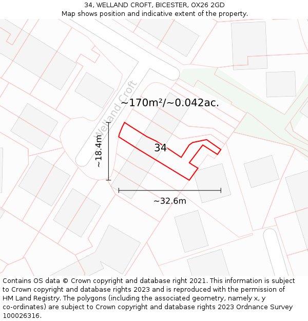 34, WELLAND CROFT, BICESTER, OX26 2GD: Plot and title map