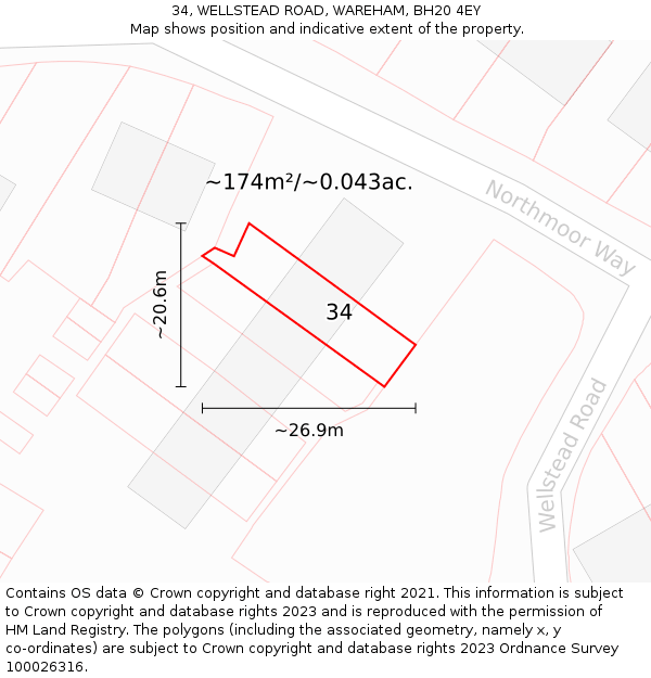 34, WELLSTEAD ROAD, WAREHAM, BH20 4EY: Plot and title map
