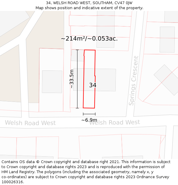 34, WELSH ROAD WEST, SOUTHAM, CV47 0JW: Plot and title map