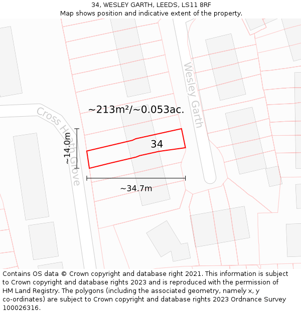 34, WESLEY GARTH, LEEDS, LS11 8RF: Plot and title map