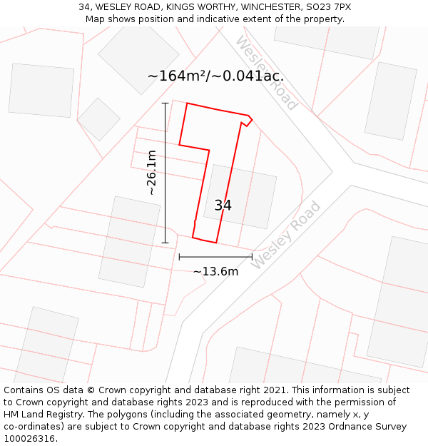 34, WESLEY ROAD, KINGS WORTHY, WINCHESTER, SO23 7PX: Plot and title map