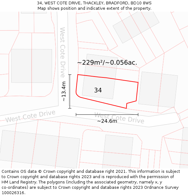 34, WEST COTE DRIVE, THACKLEY, BRADFORD, BD10 8WS: Plot and title map