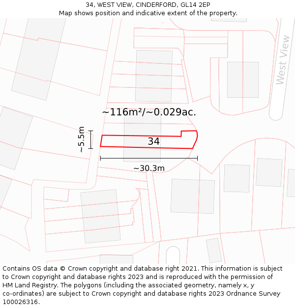 34, WEST VIEW, CINDERFORD, GL14 2EP: Plot and title map