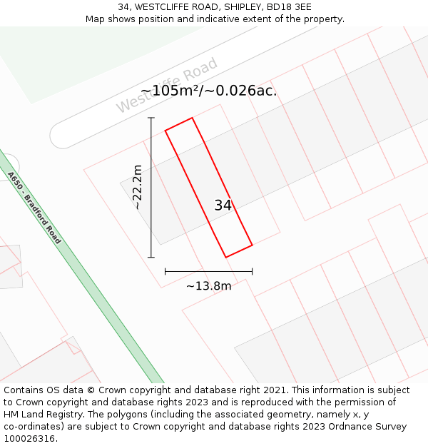 34, WESTCLIFFE ROAD, SHIPLEY, BD18 3EE: Plot and title map