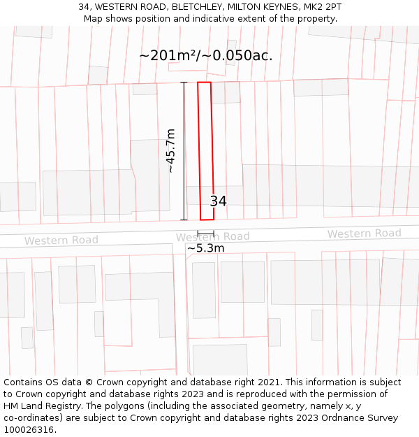 34, WESTERN ROAD, BLETCHLEY, MILTON KEYNES, MK2 2PT: Plot and title map