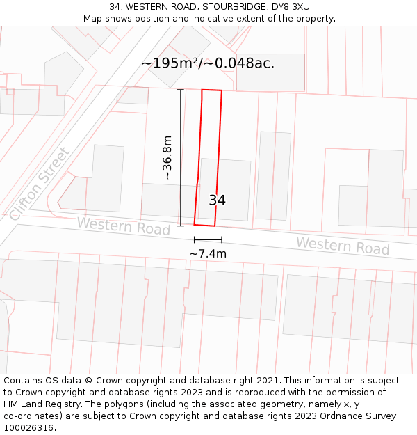 34, WESTERN ROAD, STOURBRIDGE, DY8 3XU: Plot and title map