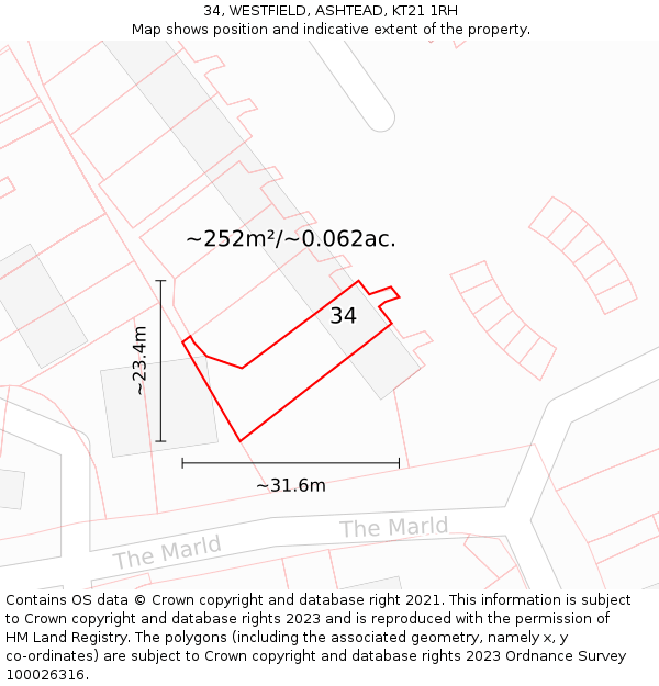 34, WESTFIELD, ASHTEAD, KT21 1RH: Plot and title map