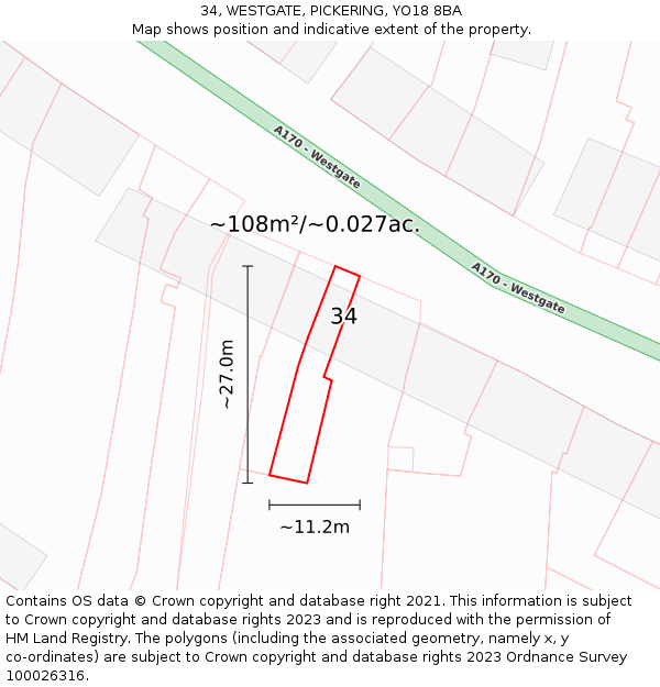 34, WESTGATE, PICKERING, YO18 8BA: Plot and title map