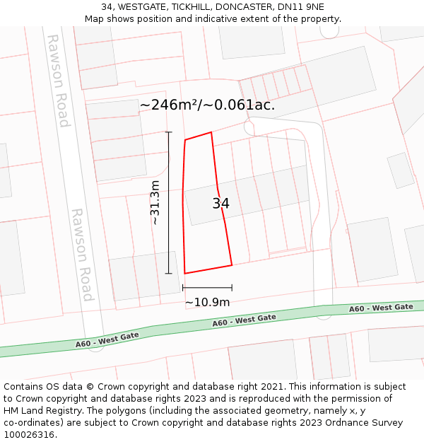 34, WESTGATE, TICKHILL, DONCASTER, DN11 9NE: Plot and title map