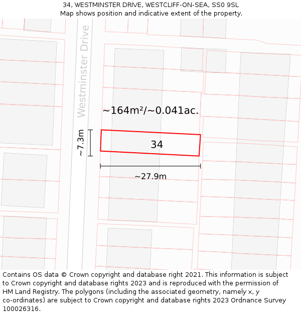 34, WESTMINSTER DRIVE, WESTCLIFF-ON-SEA, SS0 9SL: Plot and title map
