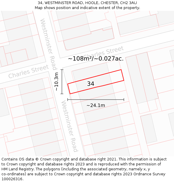 34, WESTMINSTER ROAD, HOOLE, CHESTER, CH2 3AU: Plot and title map
