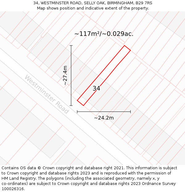 34, WESTMINSTER ROAD, SELLY OAK, BIRMINGHAM, B29 7RS: Plot and title map