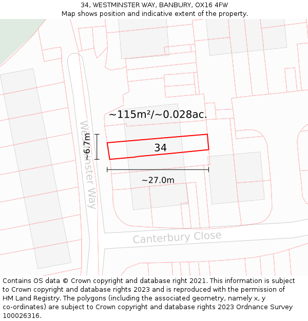 34, WESTMINSTER WAY, BANBURY, OX16 4FW: Plot and title map