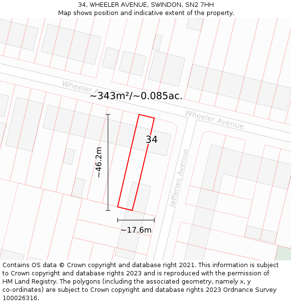 34, WHEELER AVENUE, SWINDON, SN2 7HH: Plot and title map