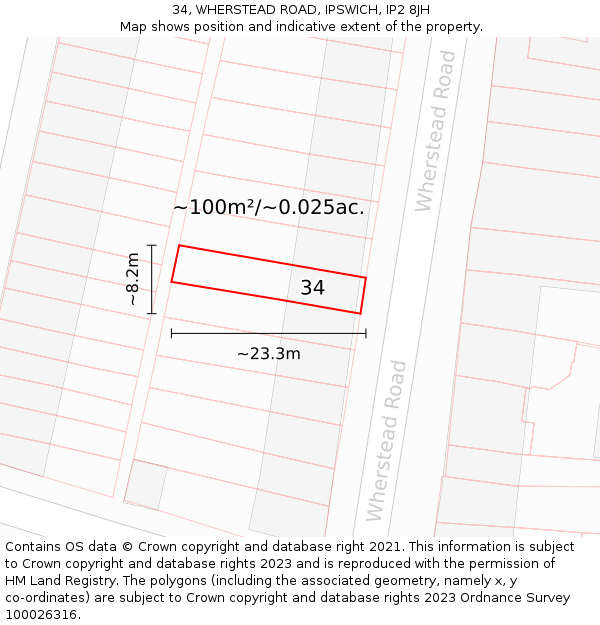 34, WHERSTEAD ROAD, IPSWICH, IP2 8JH: Plot and title map