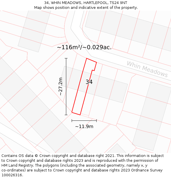 34, WHIN MEADOWS, HARTLEPOOL, TS24 9NT: Plot and title map