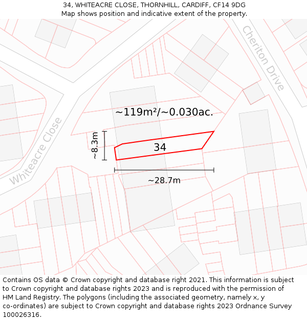 34, WHITEACRE CLOSE, THORNHILL, CARDIFF, CF14 9DG: Plot and title map