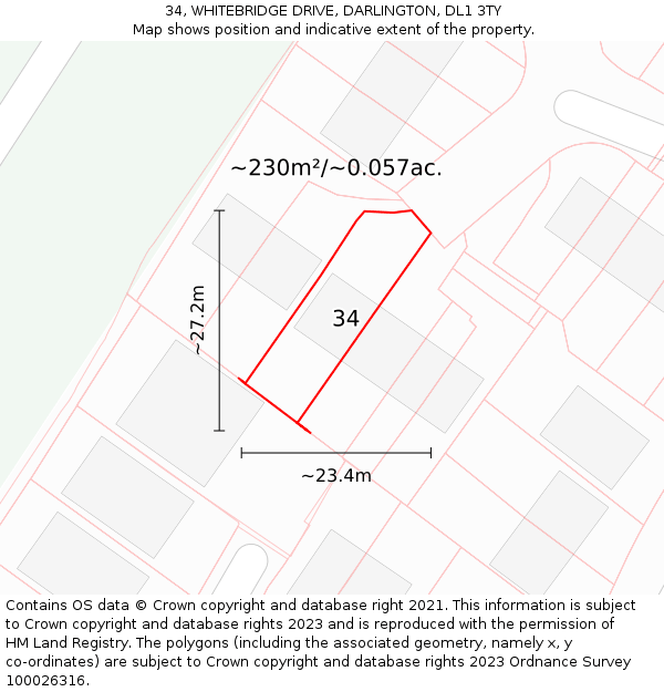 34, WHITEBRIDGE DRIVE, DARLINGTON, DL1 3TY: Plot and title map