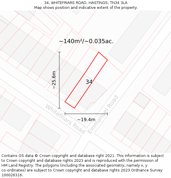 34, WHITEFRIARS ROAD, HASTINGS, TN34 3LA: Plot and title map