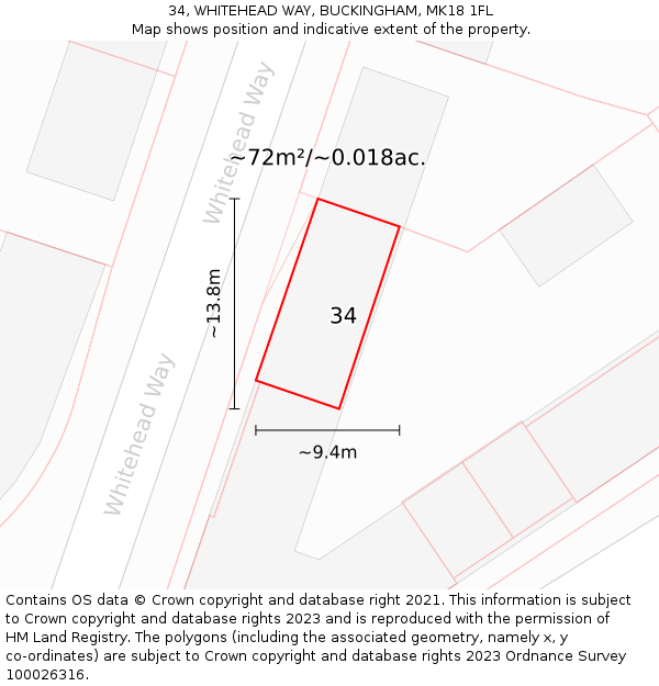 34, WHITEHEAD WAY, BUCKINGHAM, MK18 1FL: Plot and title map