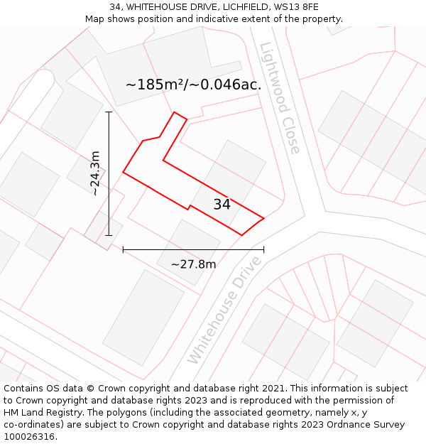 34, WHITEHOUSE DRIVE, LICHFIELD, WS13 8FE: Plot and title map