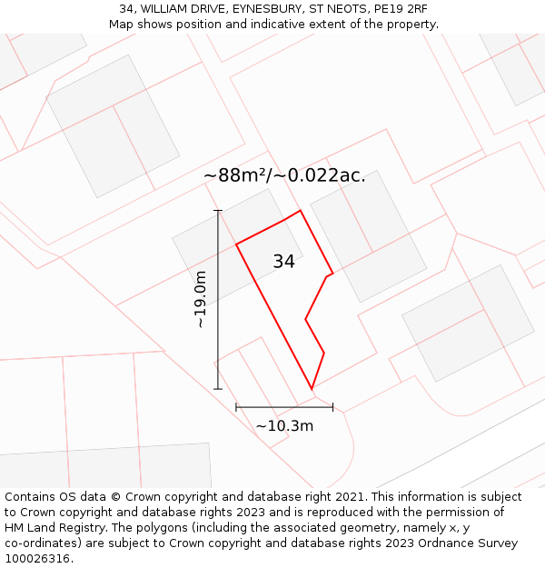 34, WILLIAM DRIVE, EYNESBURY, ST NEOTS, PE19 2RF: Plot and title map