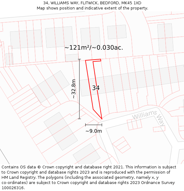 34, WILLIAMS WAY, FLITWICK, BEDFORD, MK45 1XD: Plot and title map