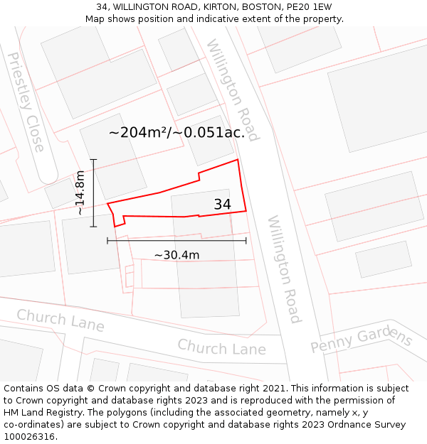 34, WILLINGTON ROAD, KIRTON, BOSTON, PE20 1EW: Plot and title map