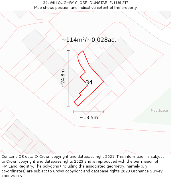 34, WILLOUGHBY CLOSE, DUNSTABLE, LU6 3TF: Plot and title map