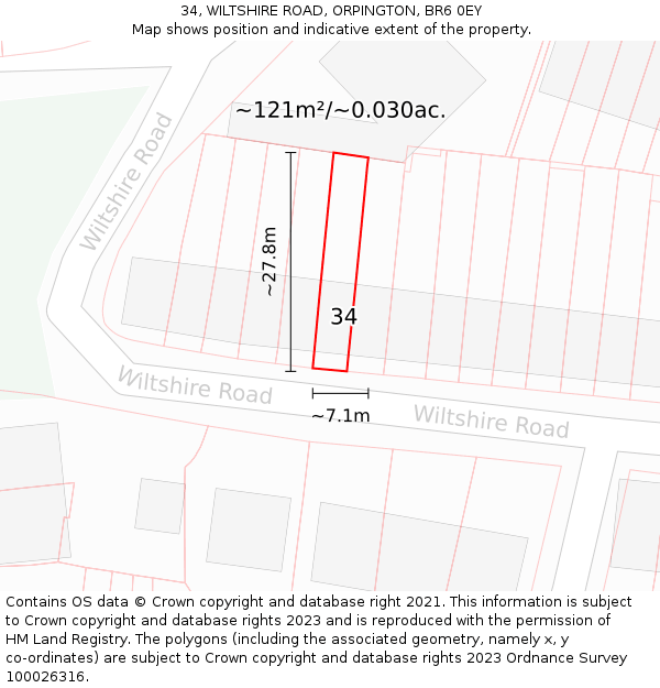 34, WILTSHIRE ROAD, ORPINGTON, BR6 0EY: Plot and title map