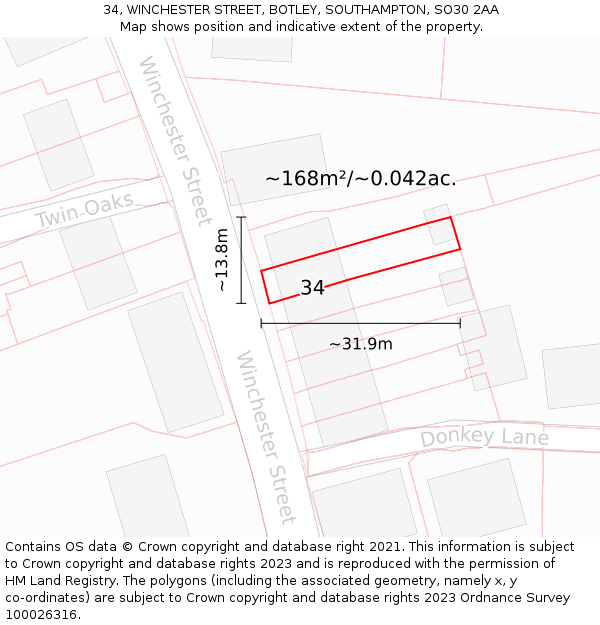 34, WINCHESTER STREET, BOTLEY, SOUTHAMPTON, SO30 2AA: Plot and title map