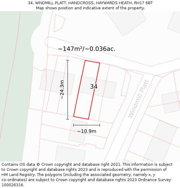 34, WINDMILL PLATT, HANDCROSS, HAYWARDS HEATH, RH17 6BT: Plot and title map