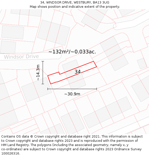 34, WINDSOR DRIVE, WESTBURY, BA13 3UG: Plot and title map