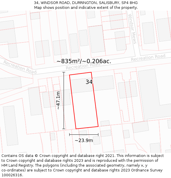 34, WINDSOR ROAD, DURRINGTON, SALISBURY, SP4 8HG: Plot and title map