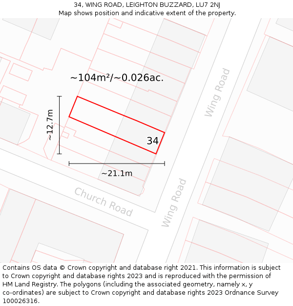 34, WING ROAD, LEIGHTON BUZZARD, LU7 2NJ: Plot and title map
