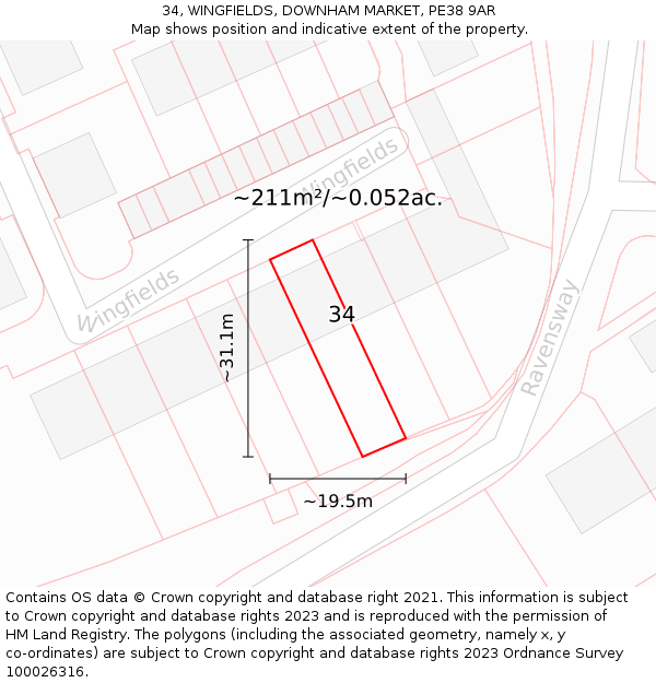34, WINGFIELDS, DOWNHAM MARKET, PE38 9AR: Plot and title map