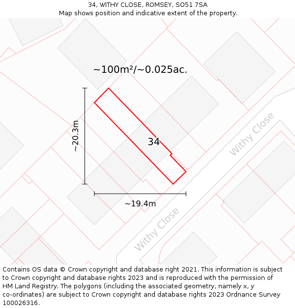 34, WITHY CLOSE, ROMSEY, SO51 7SA: Plot and title map