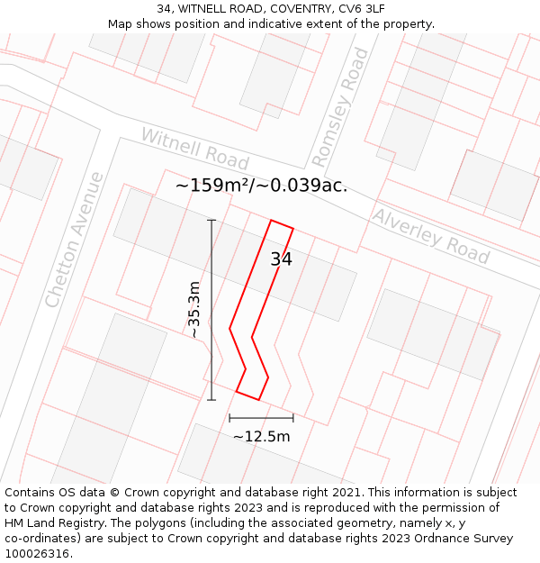 34, WITNELL ROAD, COVENTRY, CV6 3LF: Plot and title map