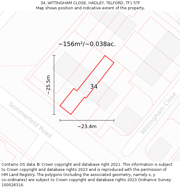 34, WITTINGHAM CLOSE, HADLEY, TELFORD, TF1 5TF: Plot and title map