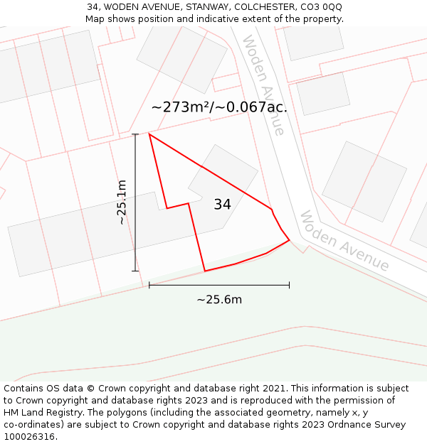 34, WODEN AVENUE, STANWAY, COLCHESTER, CO3 0QQ: Plot and title map