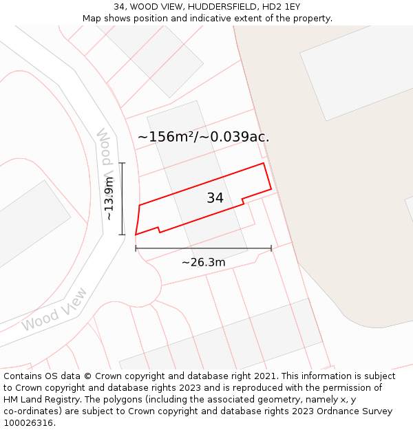 34, WOOD VIEW, HUDDERSFIELD, HD2 1EY: Plot and title map