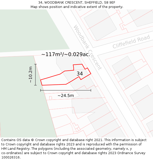34, WOODBANK CRESCENT, SHEFFIELD, S8 9EF: Plot and title map