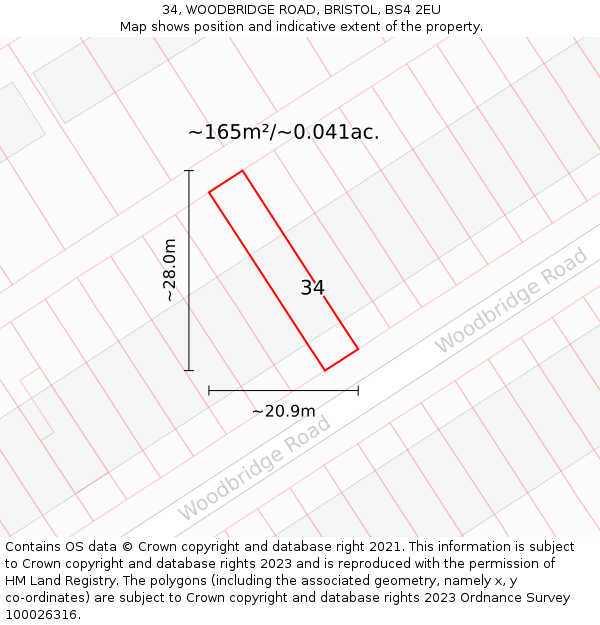 34, WOODBRIDGE ROAD, BRISTOL, BS4 2EU: Plot and title map