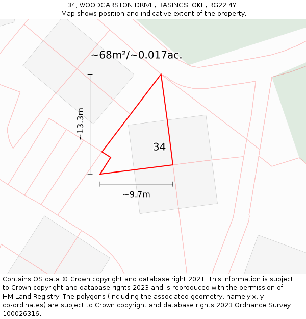34, WOODGARSTON DRIVE, BASINGSTOKE, RG22 4YL: Plot and title map
