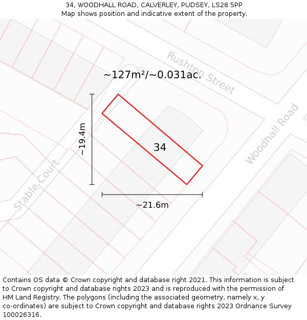 34, WOODHALL ROAD, CALVERLEY, PUDSEY, LS28 5PP: Plot and title map