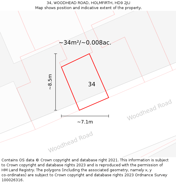 34, WOODHEAD ROAD, HOLMFIRTH, HD9 2JU: Plot and title map