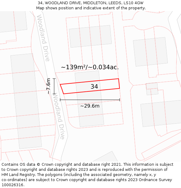 34, WOODLAND DRIVE, MIDDLETON, LEEDS, LS10 4GW: Plot and title map