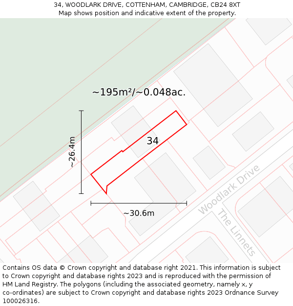 34, WOODLARK DRIVE, COTTENHAM, CAMBRIDGE, CB24 8XT: Plot and title map