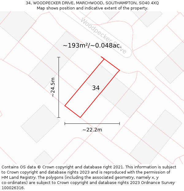 34, WOODPECKER DRIVE, MARCHWOOD, SOUTHAMPTON, SO40 4XQ: Plot and title map