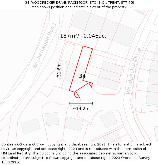 34, WOODPECKER DRIVE, PACKMOOR, STOKE-ON-TRENT, ST7 4GJ: Plot and title map